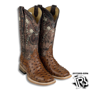 WOMEN BOOT | Cognac Ostrich Print Western Square Toe Boot