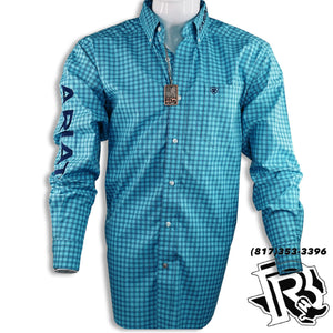 ARIAT MEN SHIRT | AQUA LONG SLEEVE WITH LETTERS ON SLEEVE