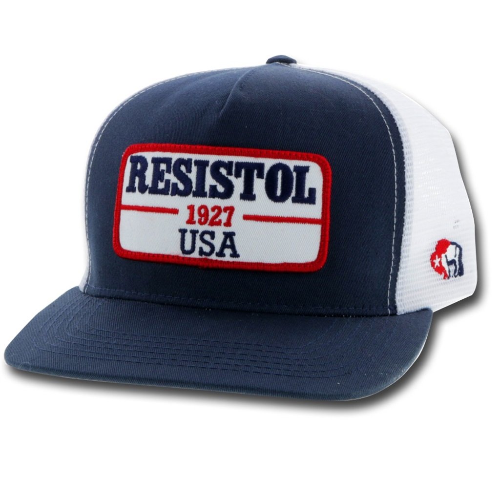 9516T-NVWH Desc: Resistol 5-Panel Navy / White with a Red/ White / Blue Patch - OSFA
