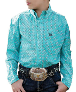 Cinch Boy's L/S Turquoise Print Button Down Shirt | MTW7060263