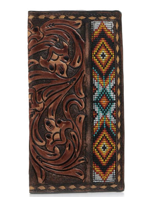 Men's Brown Tooled with Bead Inlay Rodeo Wallet|D250003908