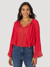 Load image into Gallery viewer, WOMAN WRANGLER RETRO LONG SLEEVE CROCHET LACCE BLOUSE RED |112317555