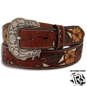 NOCONA LADIES BELT 1 1/2 FLOWER EMBOSSED OVERLAY RED