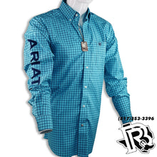 Load image into Gallery viewer, ARIAT MEN SHIRT | AQUA LONG SLEEVE WITH LETTERS ON SLEEVE