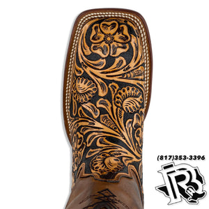TOOLED LEATHER EDITION | BLACK/NATURAL HANDMADE MEN SQUARE TOE BOOTS