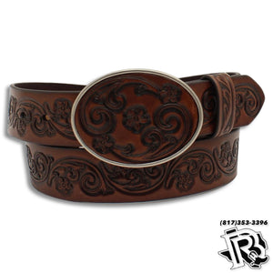 ARIAT LADIES BELT 1 1/2 FLOWER TOOLED STRAP AND BUCKLE BROWN