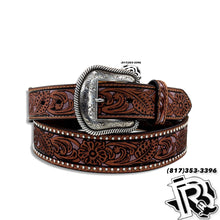 Load image into Gallery viewer, “ Isaac “ | MENS WESTERN BELT LIGHT BLUE FLORAL SILVER STUDS BROWN N210004802