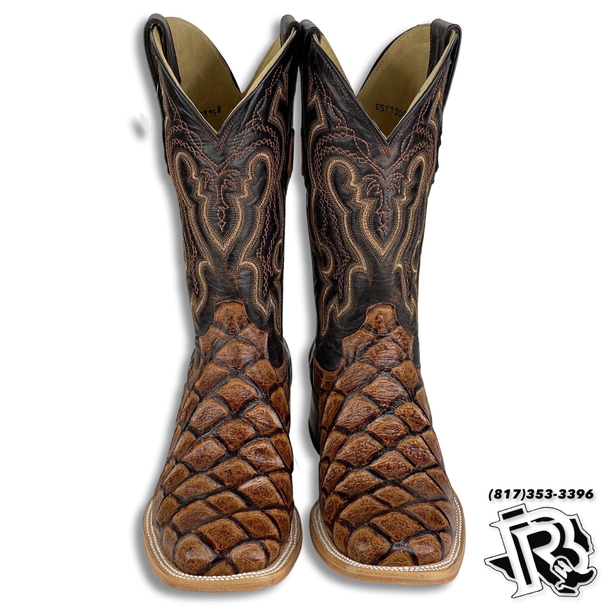 Men Boots | Fish Print Boots Cognac Square Toe Boots