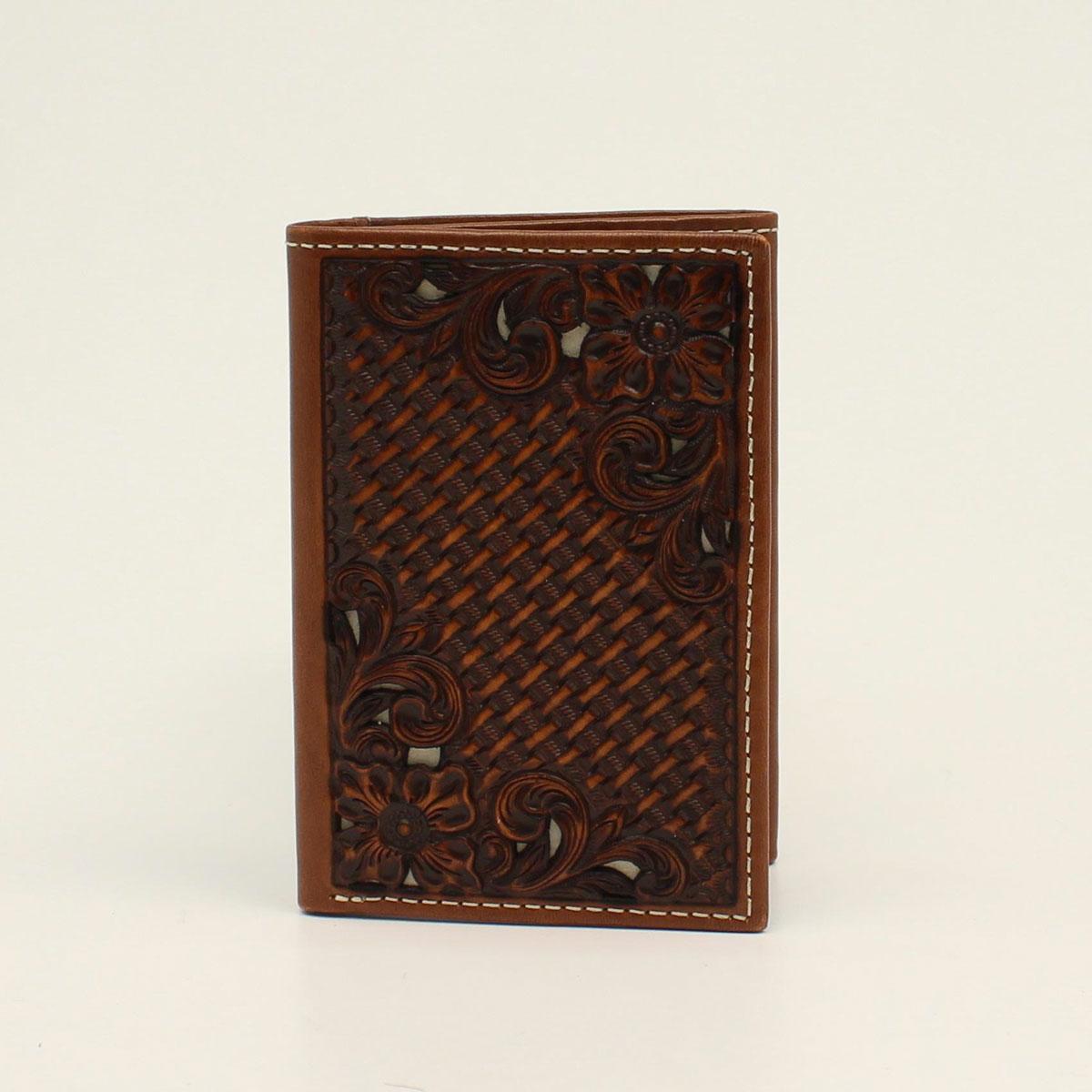 NOCONA TRIFOLD BASKET WEAVE FLORAL TOOLED BROWN