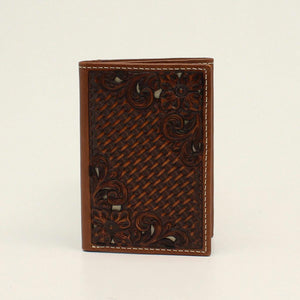 NOCONA TRIFOLD BASKET WEAVE FLORAL TOOLED BROWN