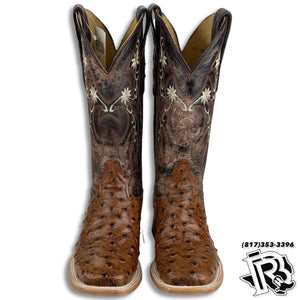 WOMEN BOOT | Cognac Ostrich Print Western Square Toe Boot