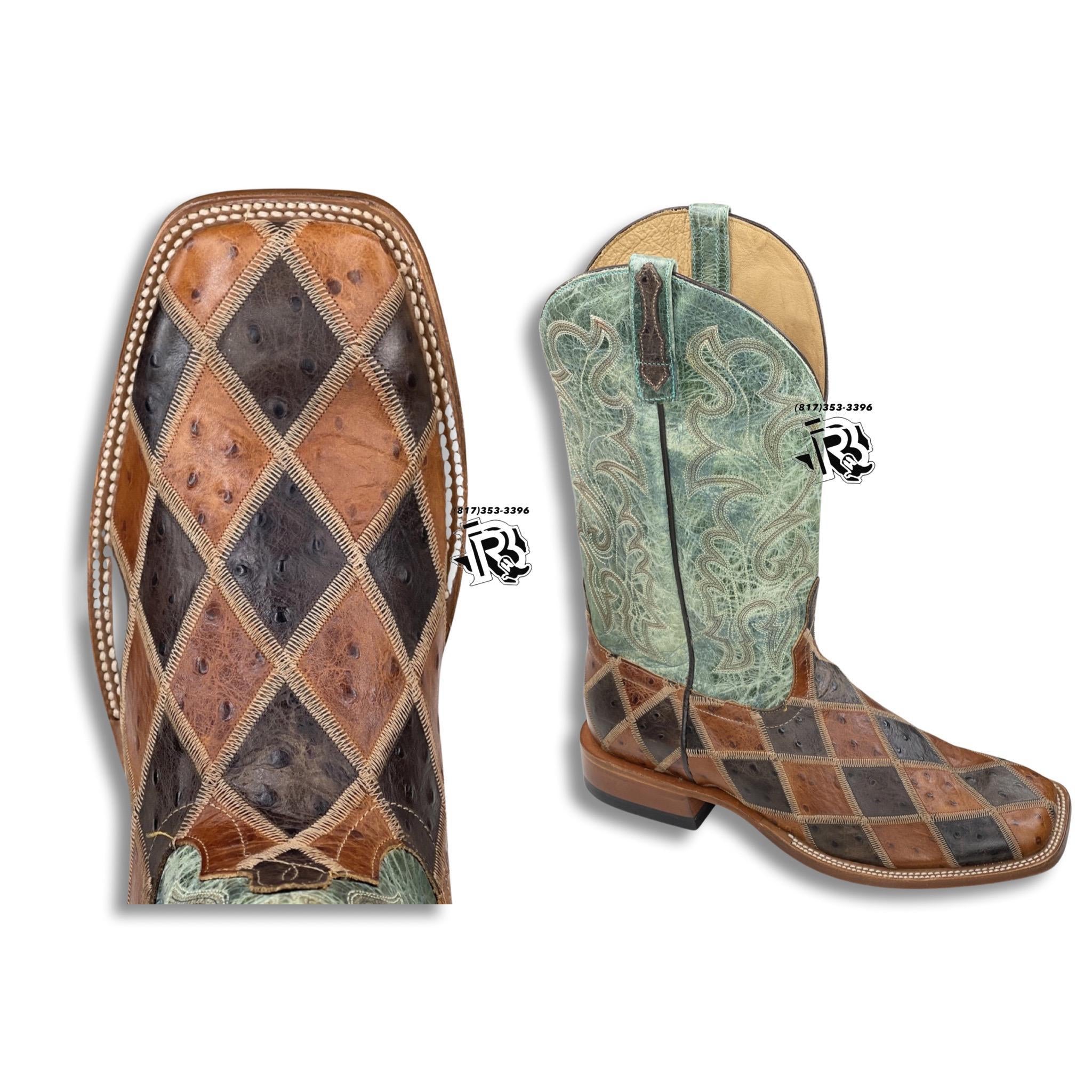 “ Emiliano “ | Men Square Toe Western Boots Patchwork Ostrich Print HP1075