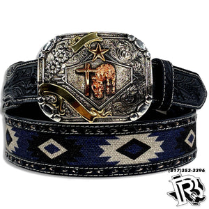 “ BLUE AZTEC “  | MEN WESTERN COWBOY BELT SOUTHWESTERN FABRIC BUCK STITCH N210002706