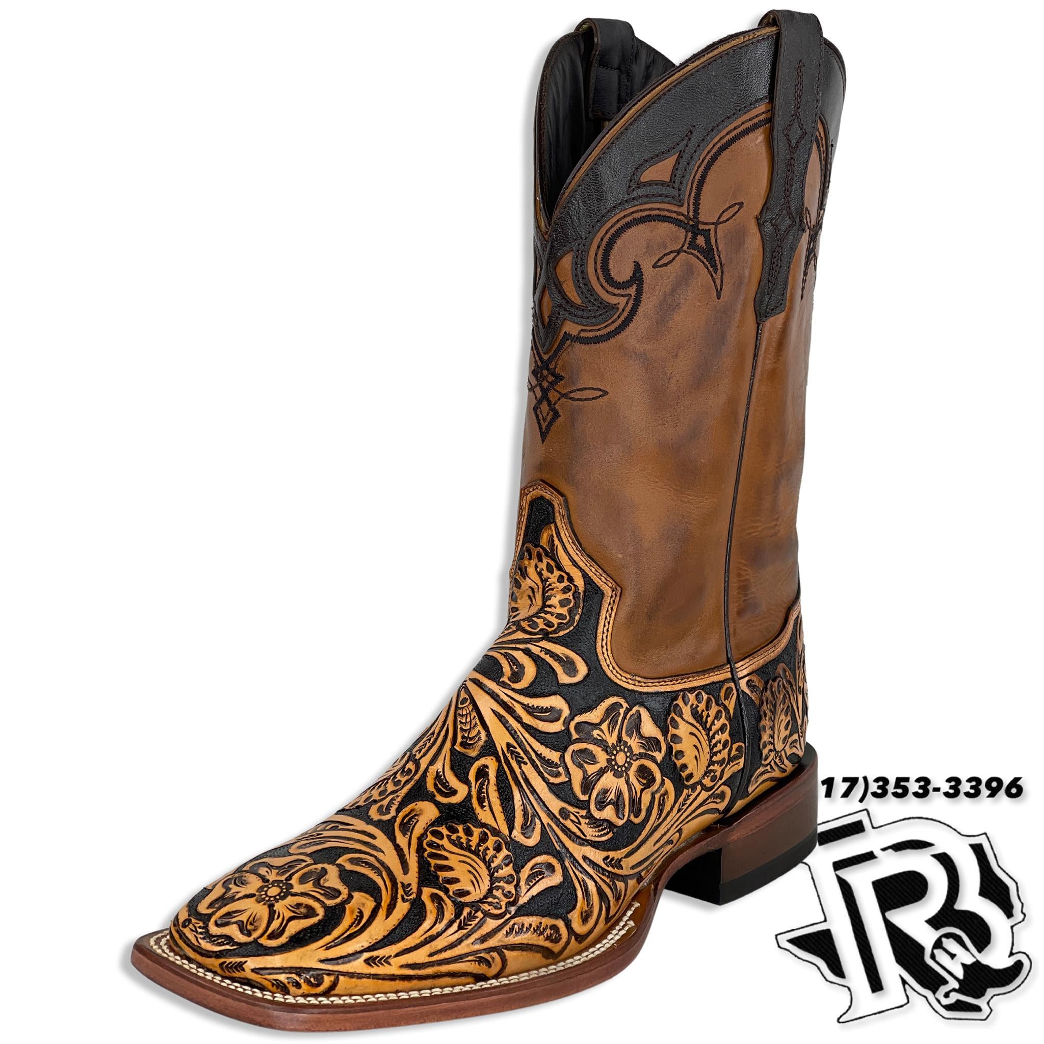 TOOLED LEATHER EDITION | BLACK/NATURAL HANDMADE MEN SQUARE TOE BOOTS
