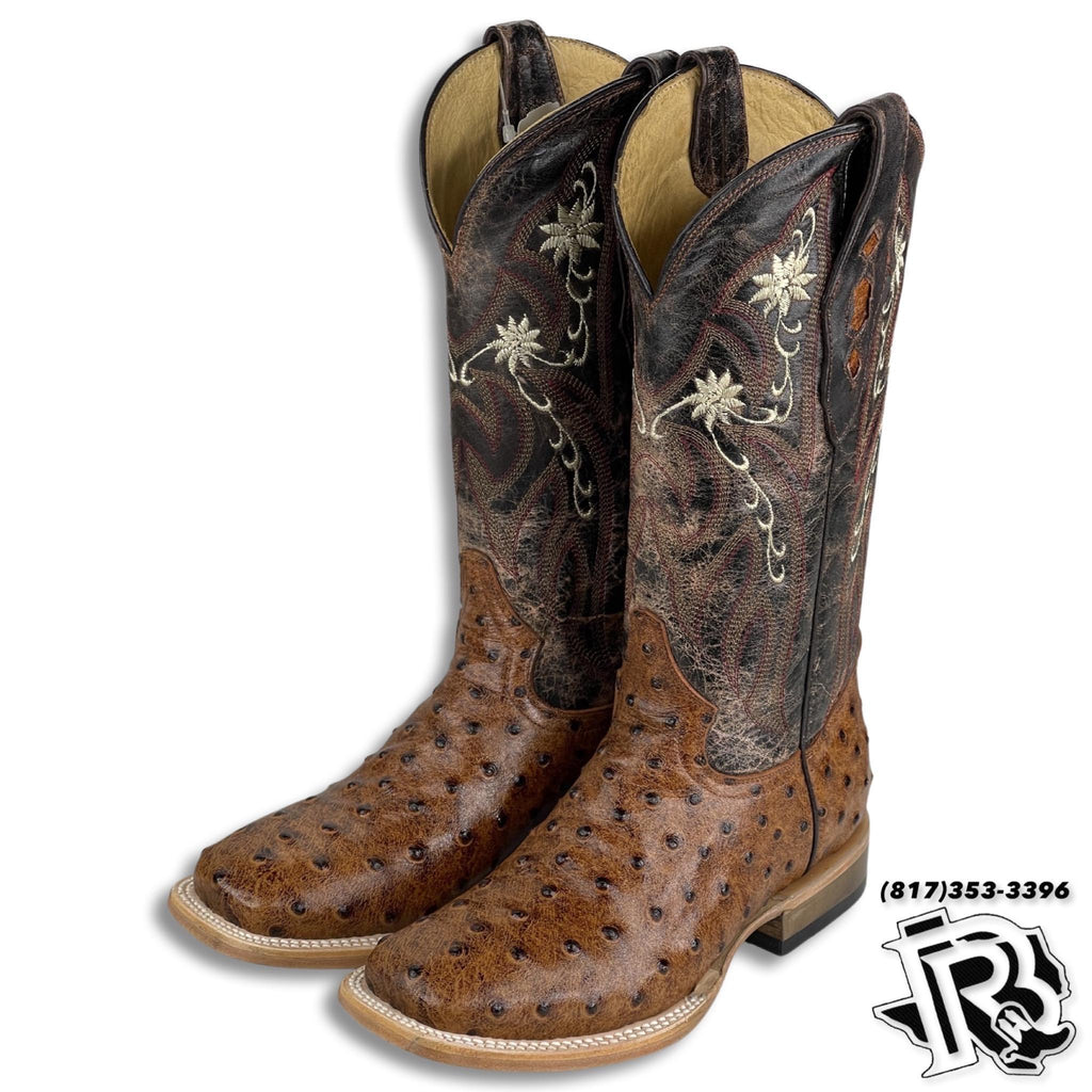 WOMEN BOOT | Cognac Ostrich Print Western Square Toe Boot