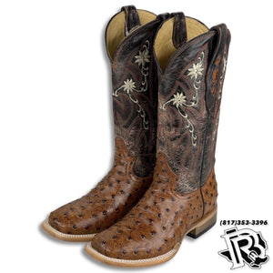 WOMEN BOOT | Cognac Ostrich Print Western Square Toe Boot