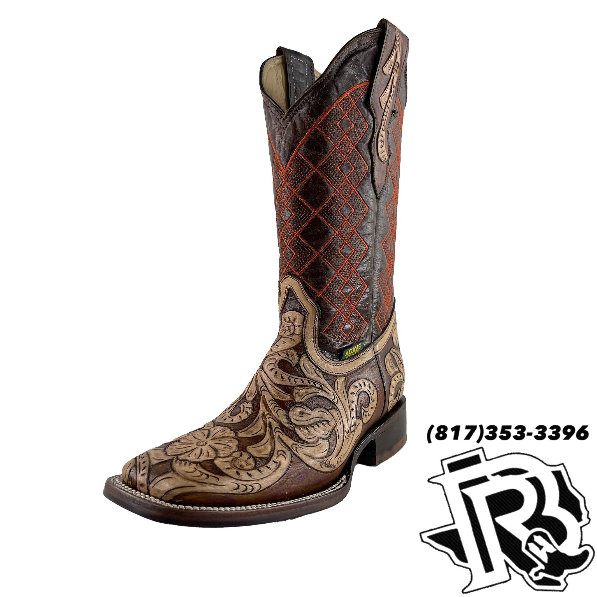 BR BOOTS : Tooled leather natural SQUARE TOE BOOTS