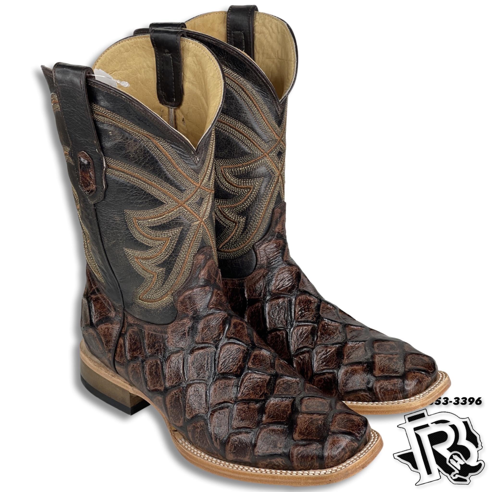 Men Boots | Brown Fish Print Boots Square Toe