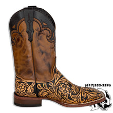 Load image into Gallery viewer, TOOLED LEATHER EDITION | BLACK/NATURAL HANDMADE MEN SQUARE TOE BOOTS