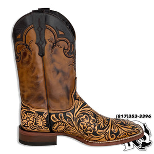 TOOLED LEATHER EDITION | BLACK/NATURAL HANDMADE MEN SQUARE TOE BOOTS