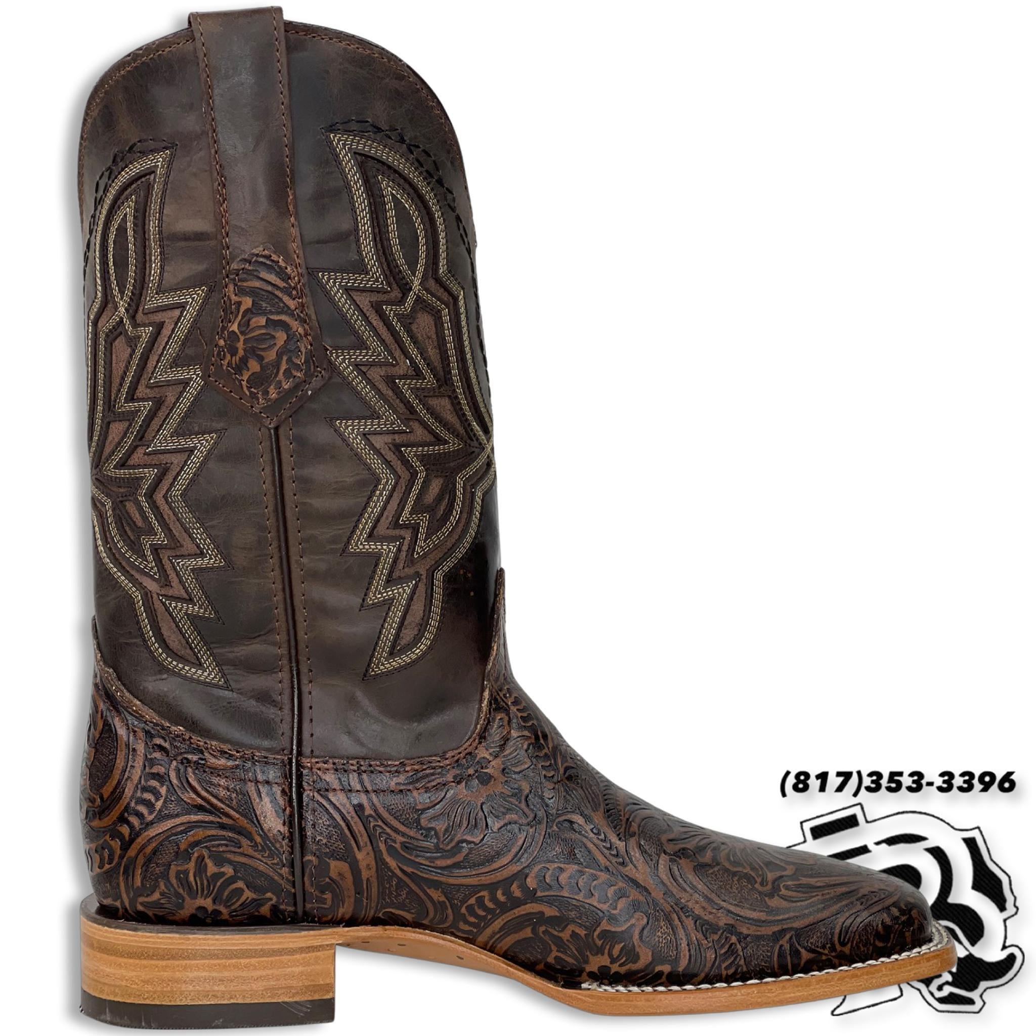 “ Reno “ | Men Western Square Toe Boots Brown Tooled Leather