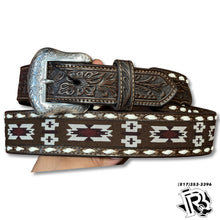 Load image into Gallery viewer, ” Aziel “ | MEN WESTERN BELT AZTEC WITH TOOLED LEATHER N210002702