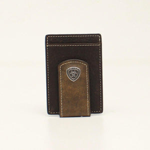 ARIAT CARD CASE MONEY CLIP DIAGONAL SHIELD CONCHO BROWN