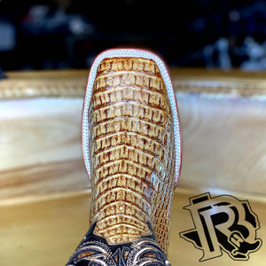 BR BOOTS : CAIMAN HORNBACK TAN SQUARE TOE BOOTS