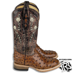 WOMEN BOOT | Cognac Ostrich Print Western Square Toe Boot