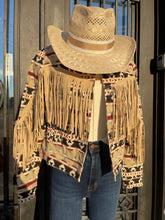 Load image into Gallery viewer, AZTEC PRINT FRINGE DENIM JACKET | RRWD92RZQB
