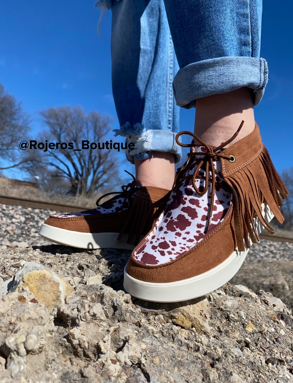 COW PRINT SHOES FRINGE