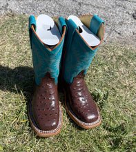 Load image into Gallery viewer, Anderson Bean Kids Turquoise &amp; Chocolate Ostrich Print Boots | ABK7083