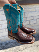 Load image into Gallery viewer, Anderson Bean Kids Turquoise &amp; Chocolate Ostrich Print Boots | ABK7083