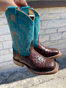 Anderson Bean Kids Turquoise & Chocolate Ostrich Print Boots | ABK7083