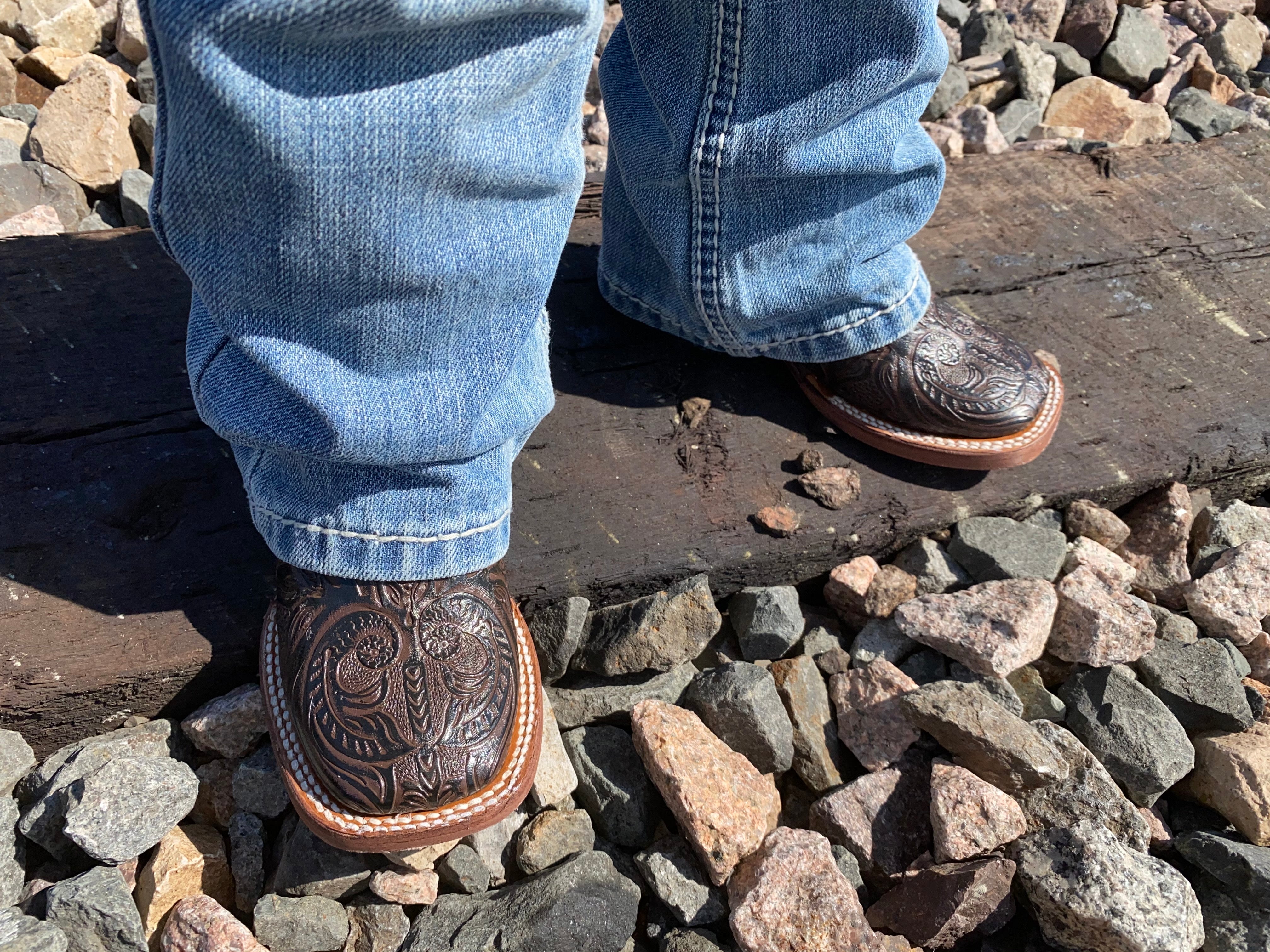 KIDS TOOLED LEATHER BOOTS | CHOCOLATE SQUARE TOE