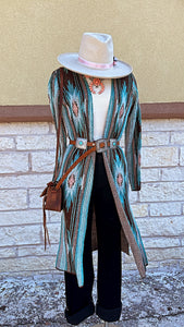 WOMENS AZTEC  SWEATER DUSTER LIGHT TURQUOISE ROCK & ROLL |RRWT95R04NT