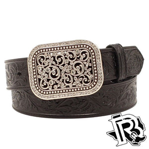 Ladies Ariat Belt Black Embossed Ornate Silver Buckle A10006901
