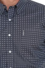 Load image into Gallery viewer, MENS NAVY, WHITE AND SAGE GEOMETRIC PRINT BUTTON-DOWN WESTERN SHIRT MTW1343101