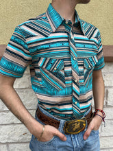 Load image into Gallery viewer, Mens short sleeve Aztec stripe woven snap teal rock &amp; roll |RRMS1SR0PZ