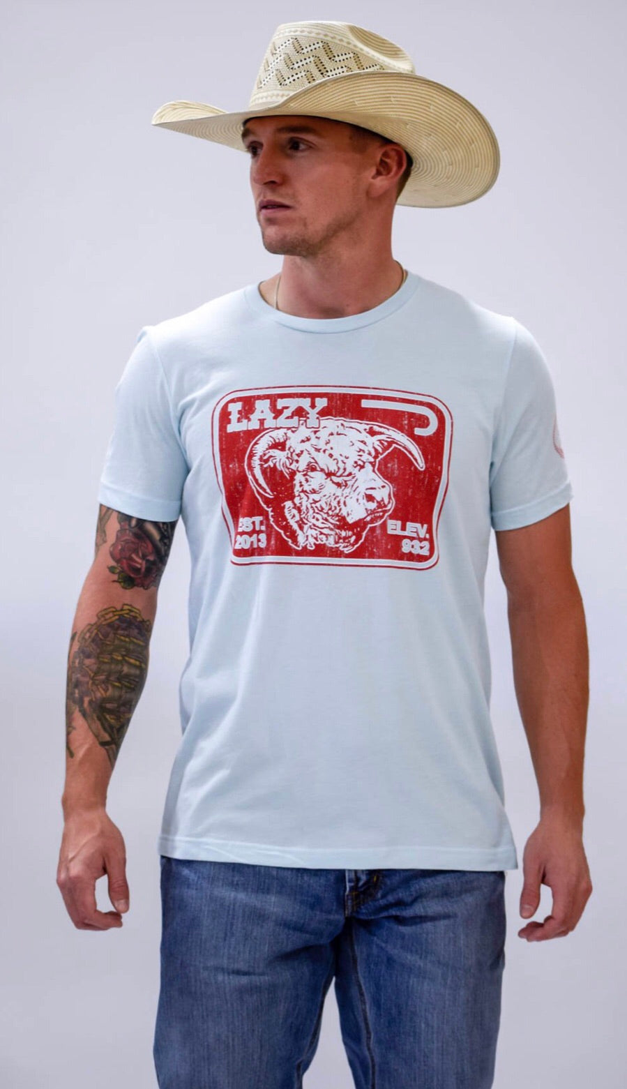 LAZY J: red elevation light blue short sleeve t-shirt