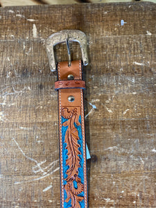 TWISTED X BELT | TOOLED LEATHER WITH TURQUOISE X-1037