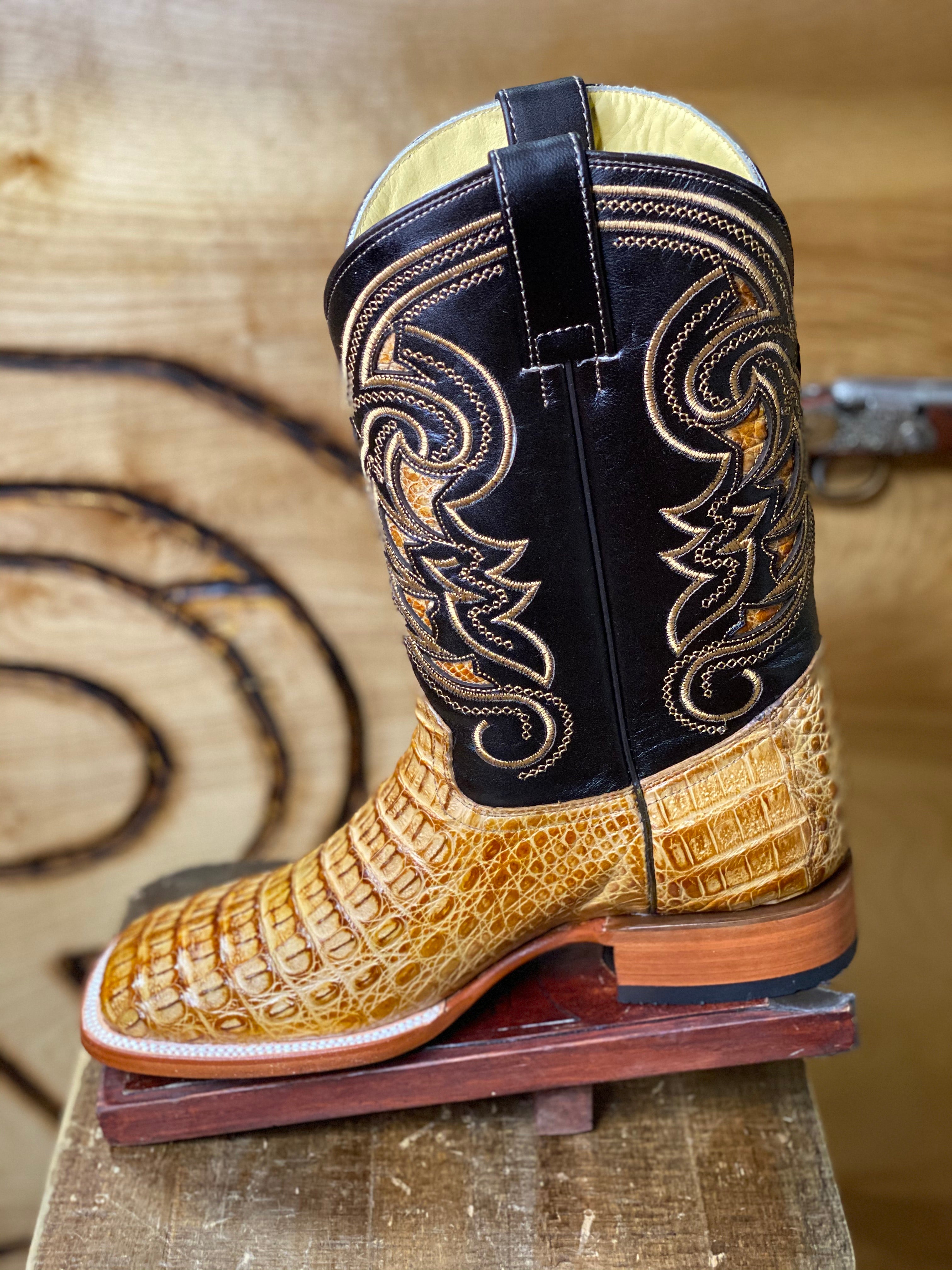 BR BOOTS : CAIMAN HORNBACK TAN SQUARE TOE BOOTS
