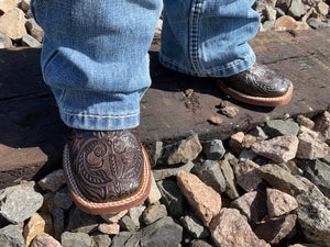 KIDS TOOLED LEATHER BOOTS | CHOCOLATE SQUARE TOE