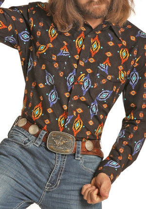 “ Bryson “ | Aztec Poplin Print Long Sleeve Snap Shirt B2S4079