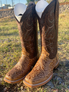Tan Tooled Leather | WOMEN WESTERN SQUARE TOE BOOTS