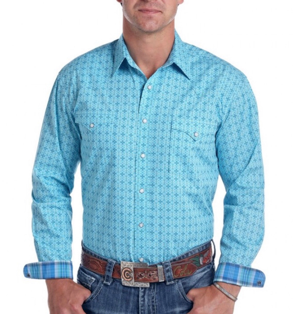 Panhandle Rough Stock® Men's L/S Turquoise Print Snap Shirt