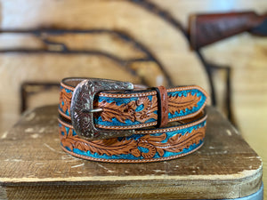 TWISTED X BELT | TOOLED LEATHER WITH TURQUOISE X-1037