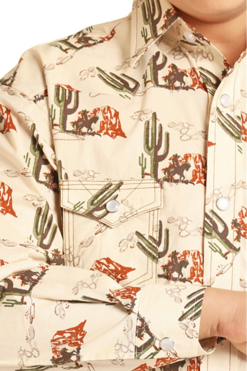 DALE BRISBY BOYS' TAN CACTUS PRINT LONG SLEEVE WESTERN SHIRT (B8S8102)
