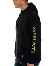 Load image into Gallery viewer, ARIAT MEN&#39;S REBAR BLACK WITH LIME GREEN LOGO PULLOVER HOODIE (10032993)