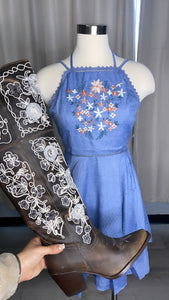 MARY EMBROIDERED DOUBLE STRAP APRON DRESS